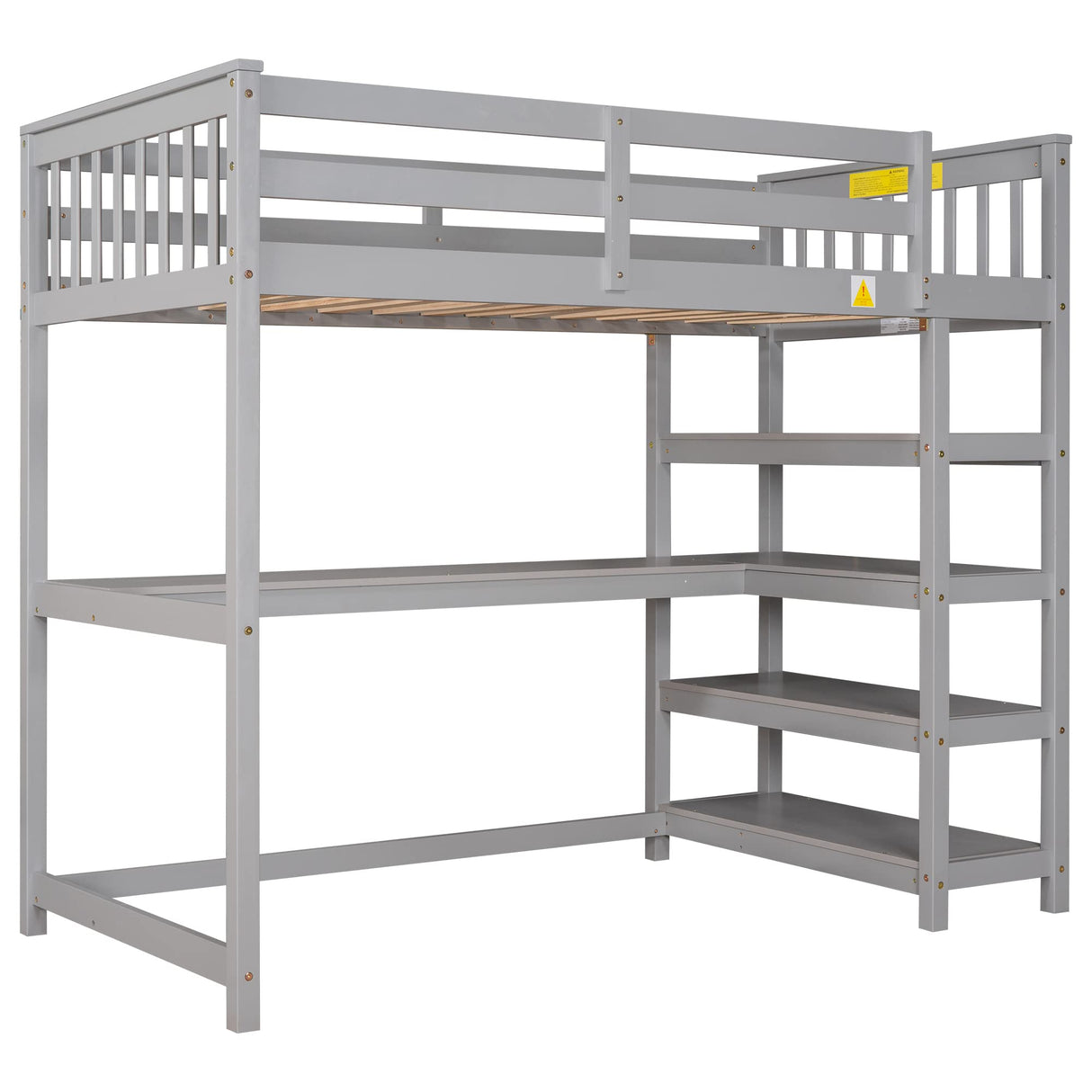 Merax Grey Twin Loft Bed with Under-Bed Desk and 4 Storage Shelves Merax