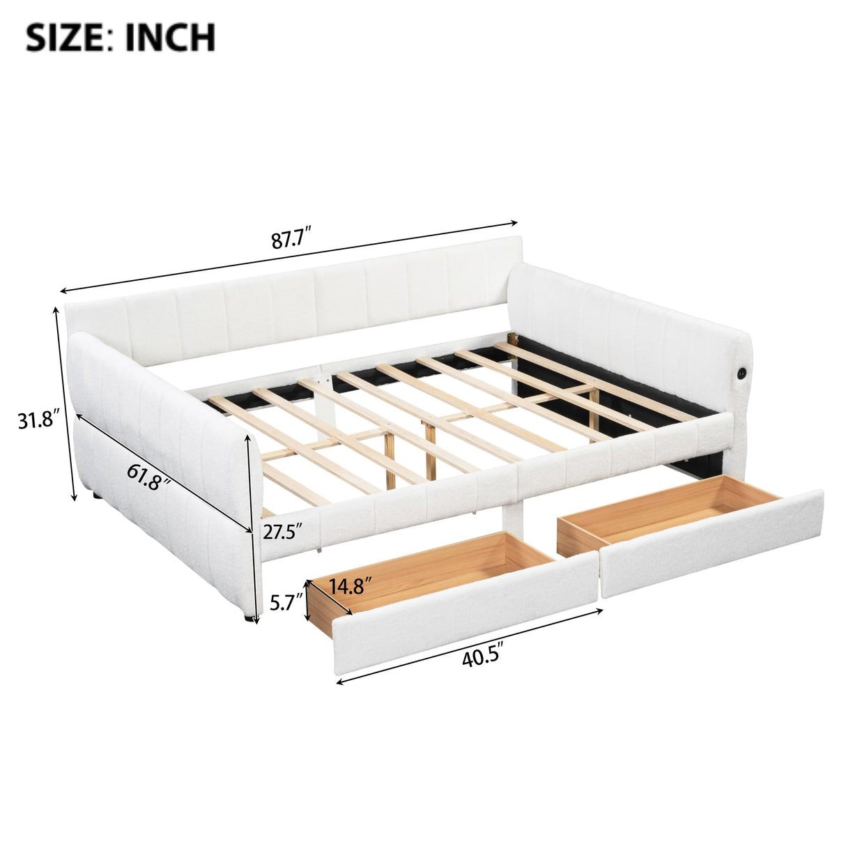 KALALLA Upholstered Queen Size Daybed Frame with Drawers and USB Port, Day Bed with Underneath Storage, Wooden Slats Support, No Box Spring Required, Adults Kids, White KALALLA