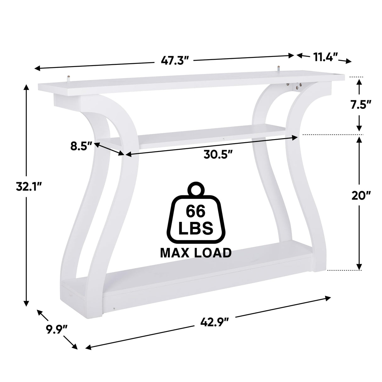 SUPER DEAL Wood Console Table for Entryway, 3 Tier Modern Sofa Table with Curved Frame and 2 Open Storage Shelves, Narrow Table for Hallway Living Room Bedroom, 47 in White SUPER DEAL