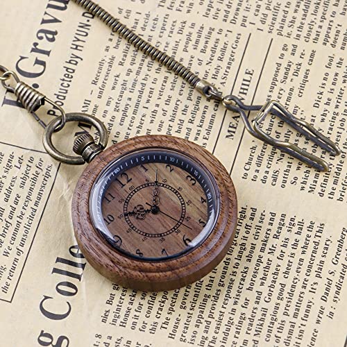 Tiong Wooden Pocket Watches for Men Handmade Bamboo with Chain Analog Quartz Wood Pocket Watch Father's Day Gifts for Dad(Dark Brown) Tiong