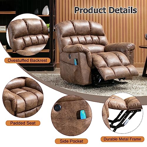 Phoenix Home Large Power Lift Recliner with Massage and Heat for Elderly, Heavy Duty & Safety Motor Reclining Chair, Faux Leather Electric Wider Recliner with USB Ports, 2 Side Pockets, Brown Phoenix Home