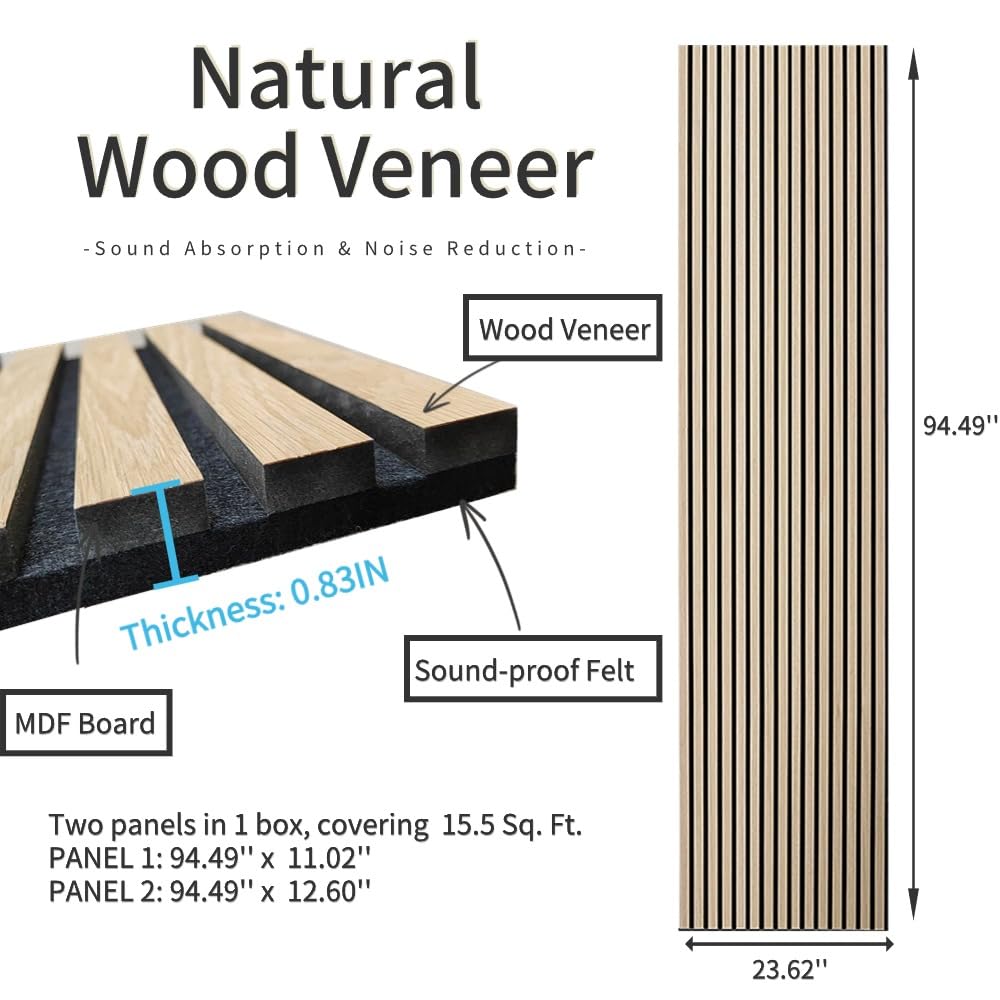 3D Natural Wood Veneer Slat Acoustic Panels (OAK) | Soundproof Celling/Wall Panels | 94.49‘’ x 23.62‘’ Cover | Wood Slat Paneling | Fluted Wall Panels Kieacia
