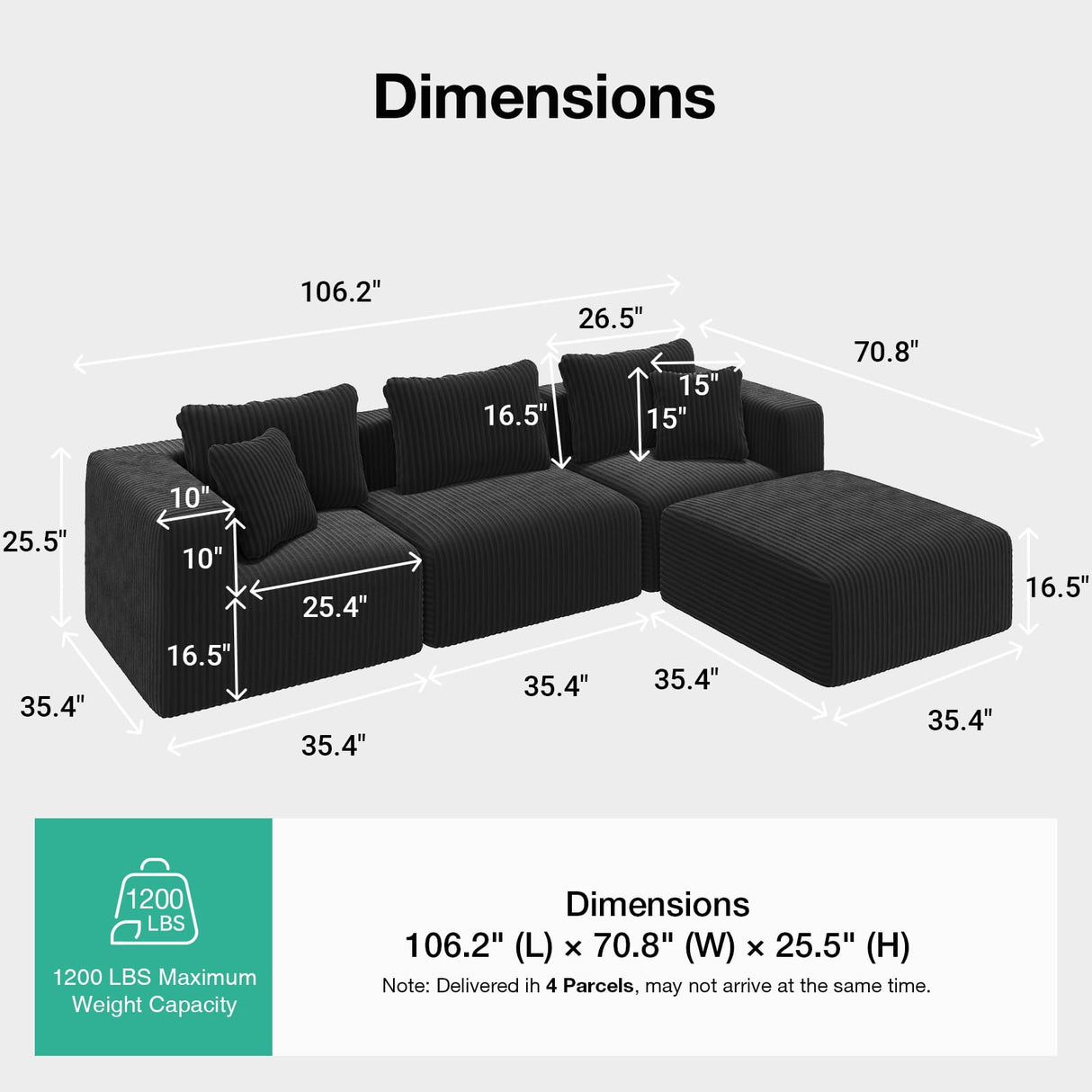 Novilla 106" Modular Sectional Sofa, Modern Cloud Sectional Couch with Smarts Coil™ Support, L-Shape Boneless Couch for Living Room Apartments Bedroom, No Assembly Required (3 Seater + 1 Ottoman) Novilla