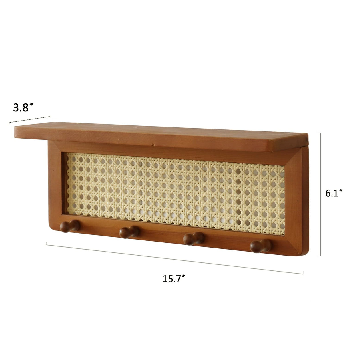 FRIADE PE Rattan Key Holder with 4 Key Hooks,Wall Mounted Decorative Floating Shelf for Entryway,Nursery,Mudroom, Hallway, Office (Retro Brown) FRIADE