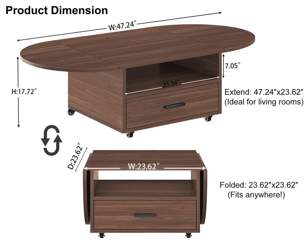 IBF Foldable Coffee Table with Drawer, Wood Living Room Table with Storage, Multifunctional Oval Center Table with Wheels, Extendable Rolling Tea Table for Living Room Home Office, Walnut, 47 Inch IBF