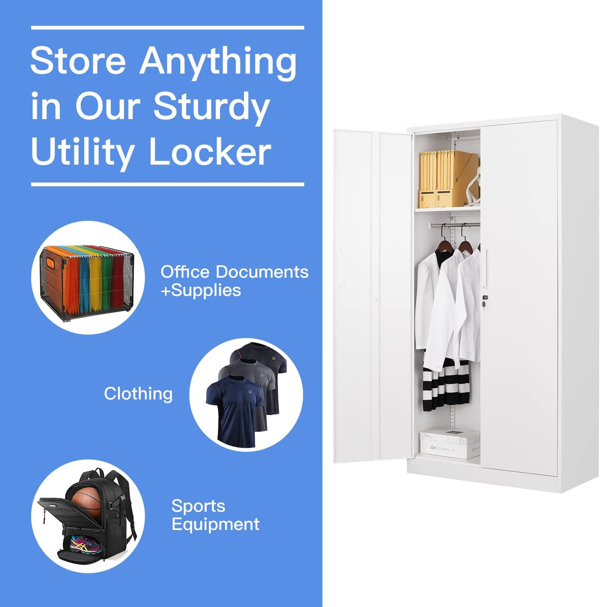 Yizosh Metal Armoire Wardrobe Closet Cabinet for Hanging Clothes with Lock Doors, -72" Steel Lockable Wardrobe Storage Locker Clothes Organizer for Bedroom, Laundry Room (White) Yizosh