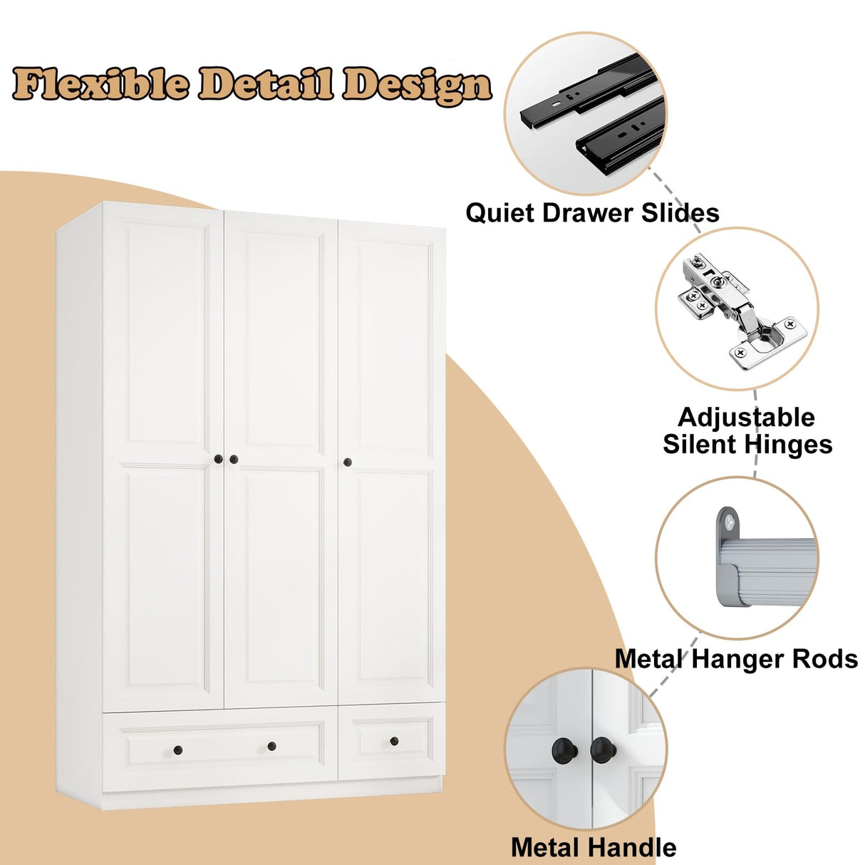 Vrmuxita Armoire Wardrobe Closet with Drawers: 74" White Tall Wooden Wardrobe Closet for Hanging Clothes, Large Bedroom Armoires with 2 Drawers, 3 Door Armoire Storage Cabinet (White, 47") Vrmuxita