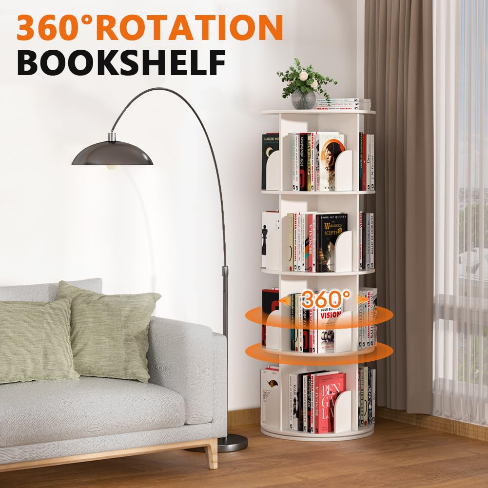 Nidouillet Rotating Bookshelf, 4 Tier Spinning Bookcase Tower Lazy Susan, Revolving 360 Book Shelf Storage Round Organizer, Vertical Rotate Turning Corner Book Case for Small Space, White Nidouillet