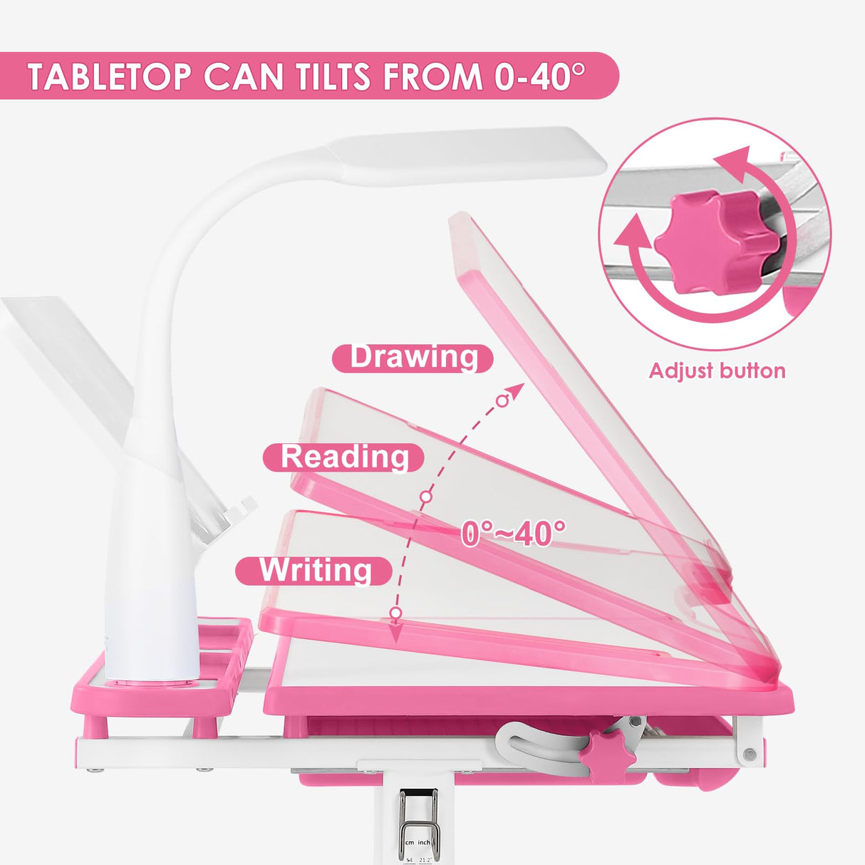 Artist hand Kids Study Table and Chair Set,Adjustable Girls School Writing Study Table,with Large Writing Board LED Pull Out Drawer Pencil Case Bookstand,Pink Artist hand