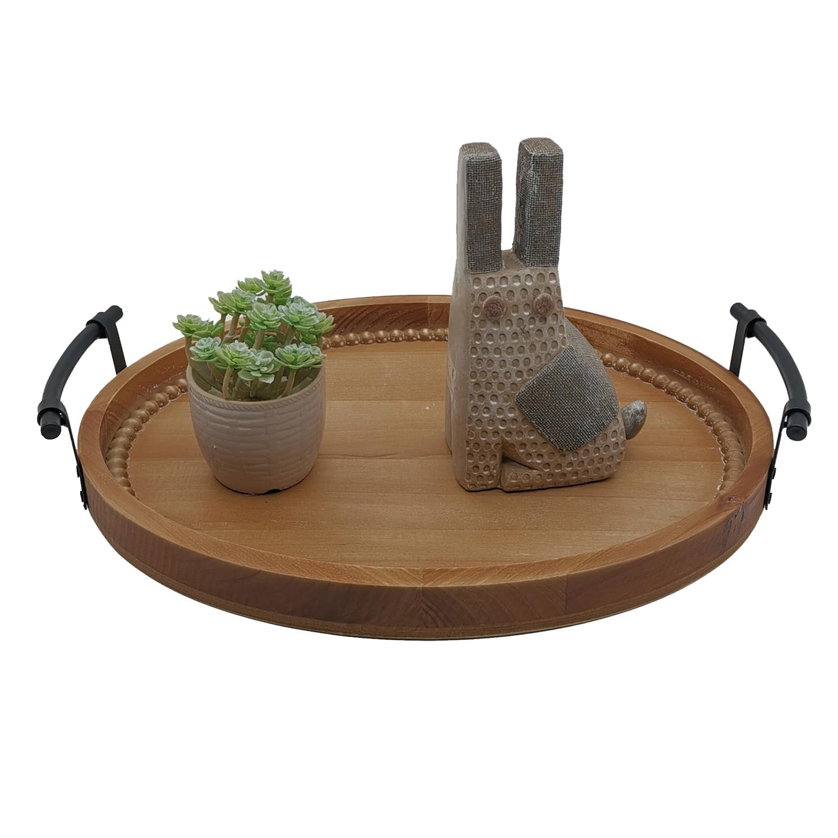 Oval Rustic Wooden Decorative Tray, Serving Tray with Metal Handles, Ottoman Coffee Table Tray, Farmhouse Centerpiece for Kitchen or Living Room (Brown) dugunusu