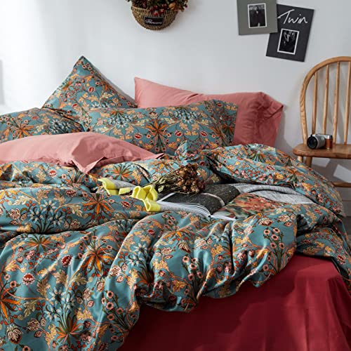mixinni Vintage Style Garden Flower Queen Duvet Cover with Zipper Closure Soft Long Staple Percale Cotton Vibrant Pattern on Flower Bedding Quilt Cover Set(Queen, All Season) mixinni