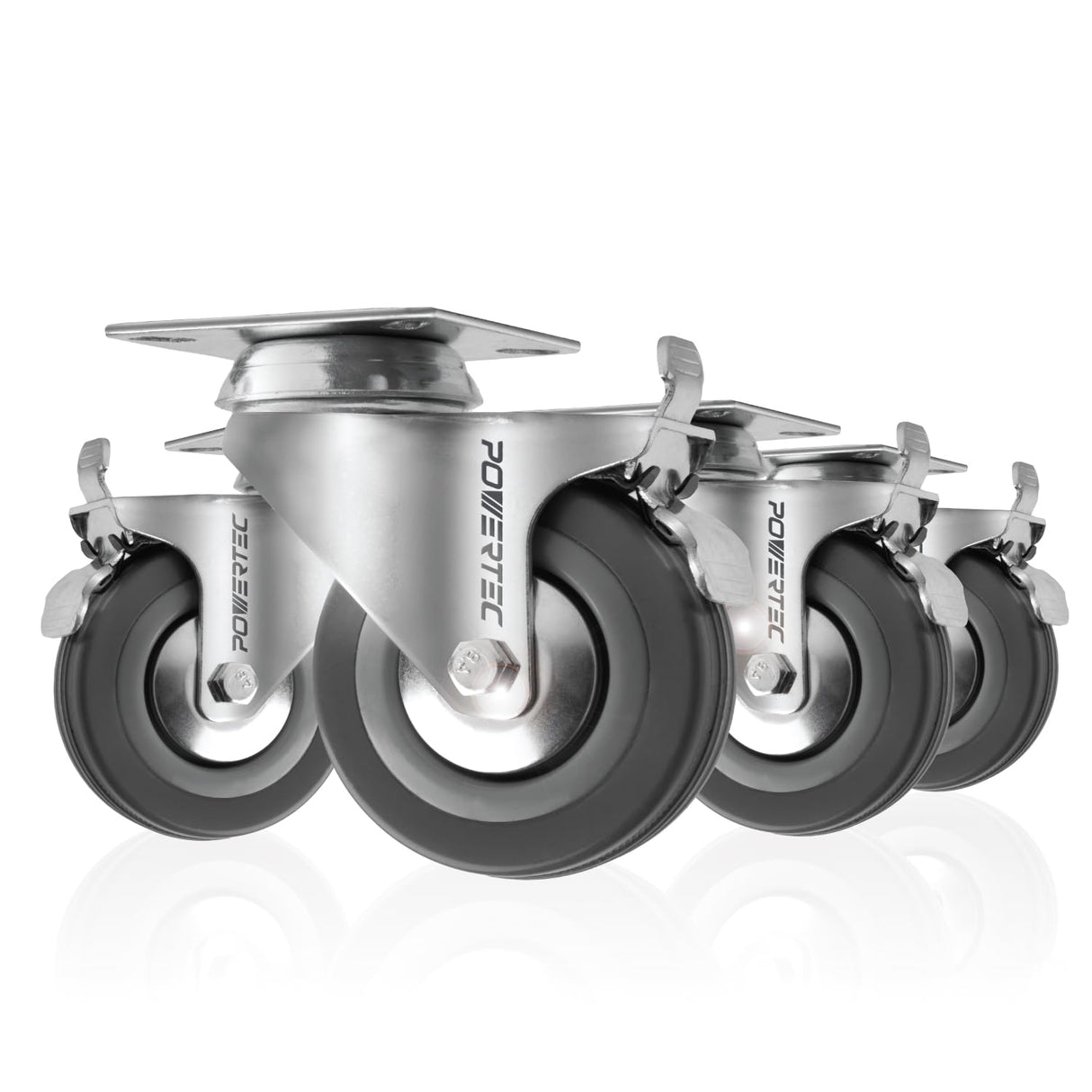POWERTEC 3 Inch Swivel Caster Wheels Set of 4 with Brake & 640 lbs Loads, Heavy Duty Plate Casters, Dual Locking Rubber Castor Wheels for Furniture, Cart, Dolly and Workbenches (17023-P4V) POWERTEC