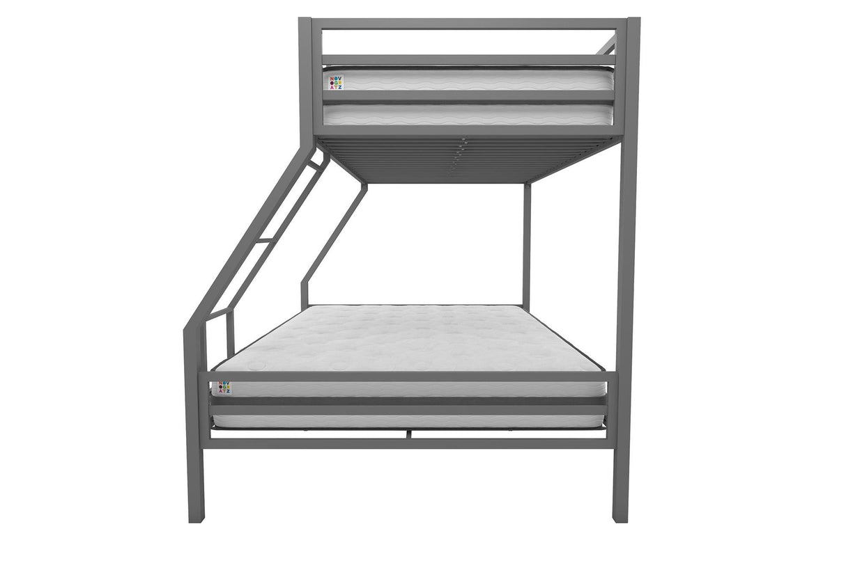 Novogratz Maxwell Metal Bunk Bed Frame for Kids and Teens, with Angled Ladder, High Guardrail and Metal Slats, No Boxspring Required, Underbed Storage Space, Twin-Over-Full, Gray Novogratz