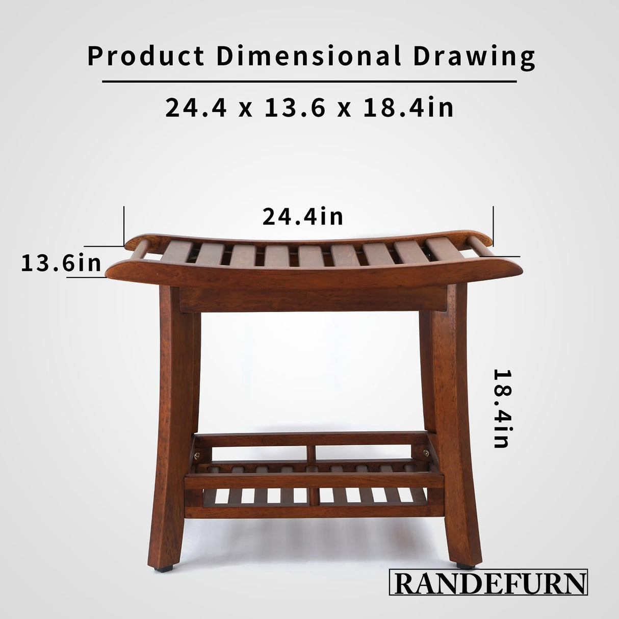 RANDEFURN 24“ Teak Shower Bench with Shelf,Teak Wood Shower Stool,Waterproof Wood Shower Chair for Elderly,2-Tier Wooden Shower Seat Spa Stool for Indoor and Outdoor Use.(24 x 13.4 x 18.3in, Brown) RANDEFURN