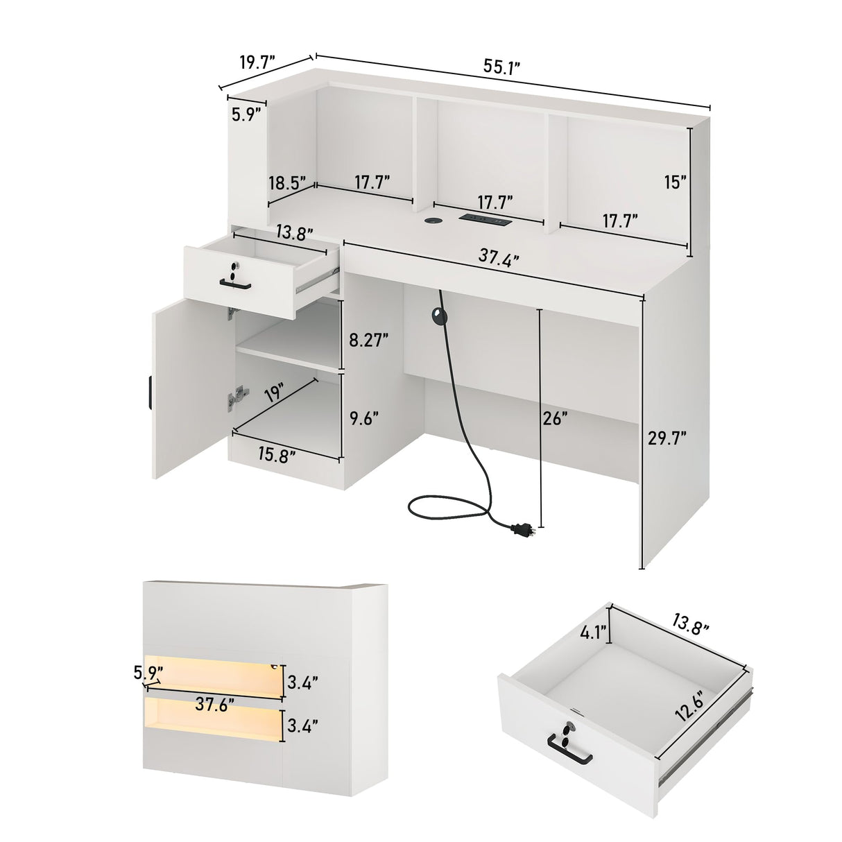 55" Reception Desk with LED Lights Power Outlets,L-Shaped Modern Front Desk Reception Room Table with Cable Grommet,Lockable Drawers,Retail Checkout Counter for Lobby,Salon,Home Office Desk,White Hlivelood