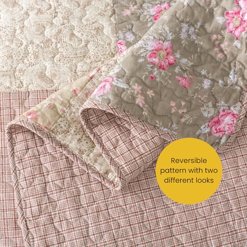 SLPR Secret Garden Patchwork Cotton Pieced Quilt Set - King with 2 Shams, Country Shabby Chic Bedding with Flower Pattern, Pink Floral Farmhouse Quilted Bedspread for All Seasons SLPR