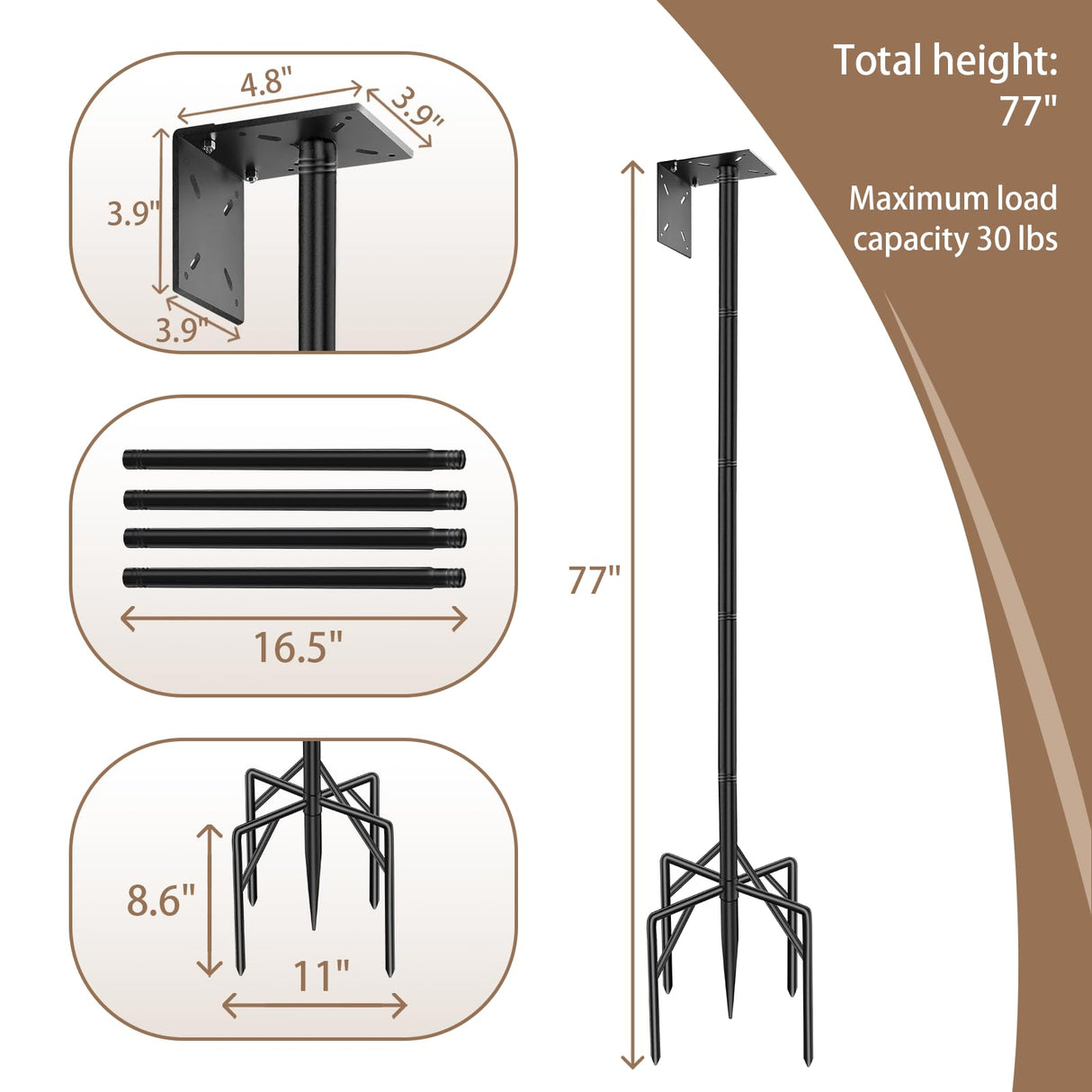 77 Inch Smart Bird Feeder Poles for Outdoors Heavy Duty with 5 Prong Base,Bird Feeder Stand for Outside, Adjustable Bird House Pole,Garden Stake,Weather Station Mounting Kits(Birdhouse not Included) ReTang