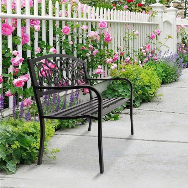 50" Outdoor Metal Welcome Bench, Garden Bench with Slatted Seat, Patio Bench for Park, Porch, Yard, Entryway, Black Generic
