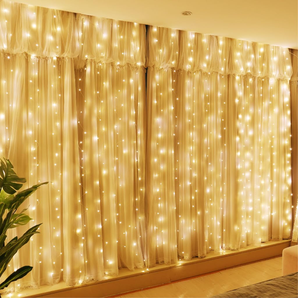 HXWEIYE 300LED Fairy Curtain Lights, 9.8x9.8Ft Warm White USB Plug in 8 Modes Christmas String Hanging Lights with Remote for Bedroom, Indoor, Outdoor, Weddings, Party HXWEIYE