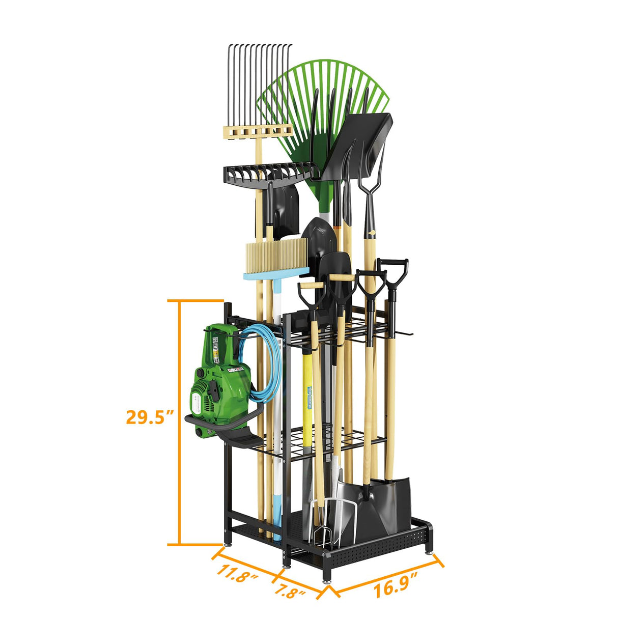 GILLAS Garden Tool Organizer for Garage, Utility Storage Racks with Hooks, Metal Yard Tool Stand Holder Organizer for Long-Handled, Broom, Shovel, Rake, Sturdy Heavy Rack for Outdoor, Yard, Black GILLAS