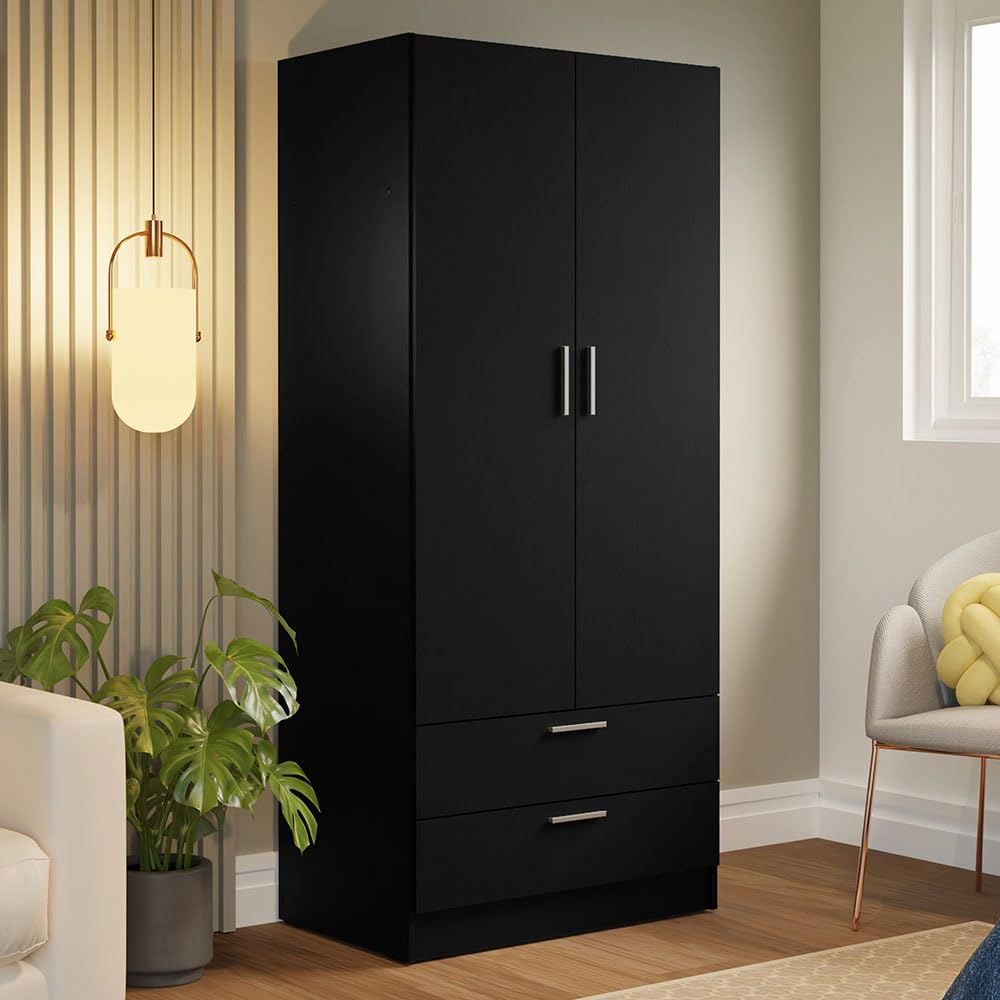 Madesa 2 Door 2 Drawer Storage Cabinet Wardrobe with Shelf and Hanging Space 31" L Wooden Armoire Closet Organization Unit for Bedroom and Office (Black) Madesa