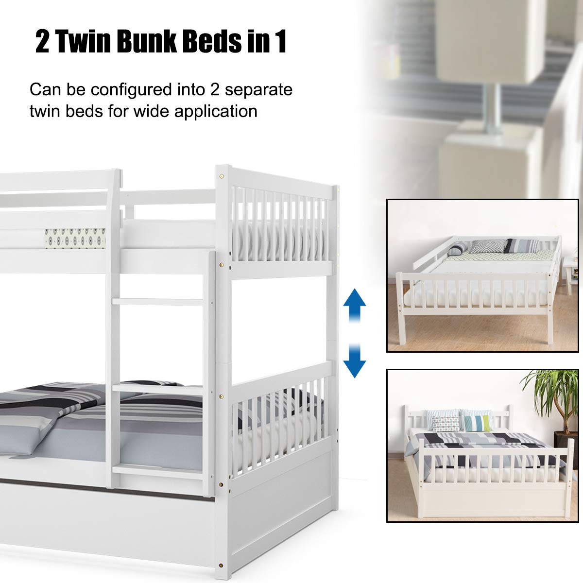 KOMFOTT Wood Full Over Full Bunk Bed with Trundle, Bunk Bed Frame with Ladder, Solid Wood Frame & Safety Guardrails, Space-Saving Bunk Bed for Teens & Adults, No Box Spring Needed KOMFOTT