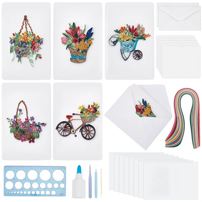 WEBEEDY 20 Sets Paper Quilling Kit for Adult Beginner DIY Flower Basket Themes Quilling Blank Card Kit 5 Styles Flower Basket Greeting Card Making Kit with Instruction for Birthday Halloween Christmas
