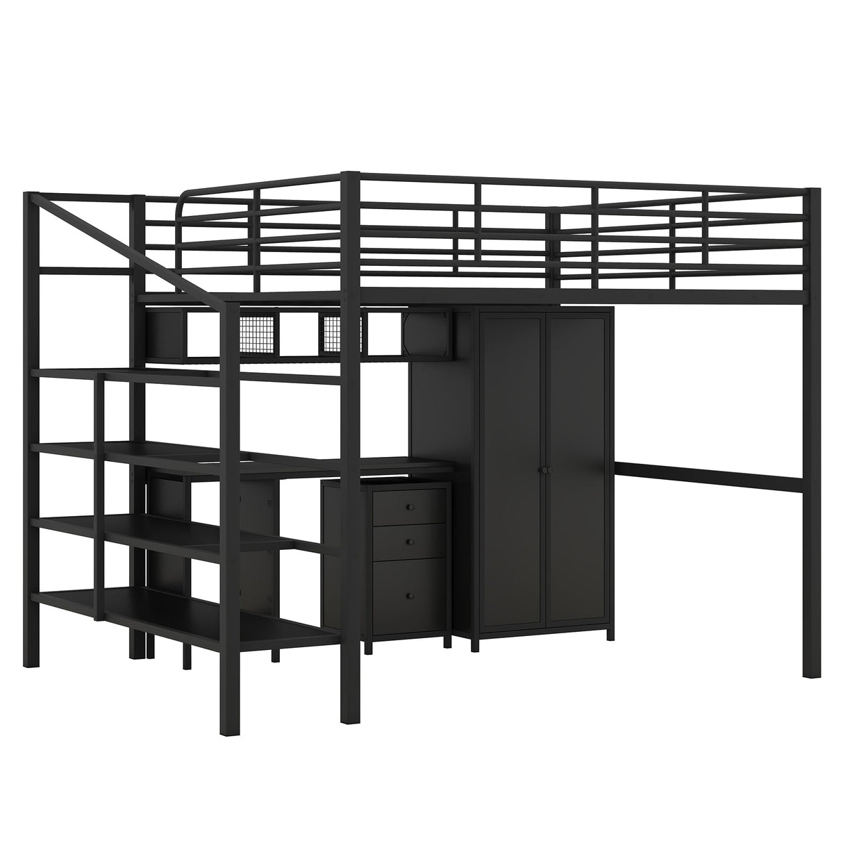 SOFTSEA Industrial Full Size Metal Loft Bed with Desk, Wardrobe, and Stairs for Small Spaces SOFTSEA