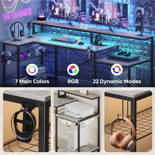 Bestier 71.5 inch Computer Desk with Power Outlets, LED Home Office Desk with Long Monitor Stand, Large Corner Desk with Storage Shelf, Cup Holder & Headset Hooks L Shaped Desk Bestier