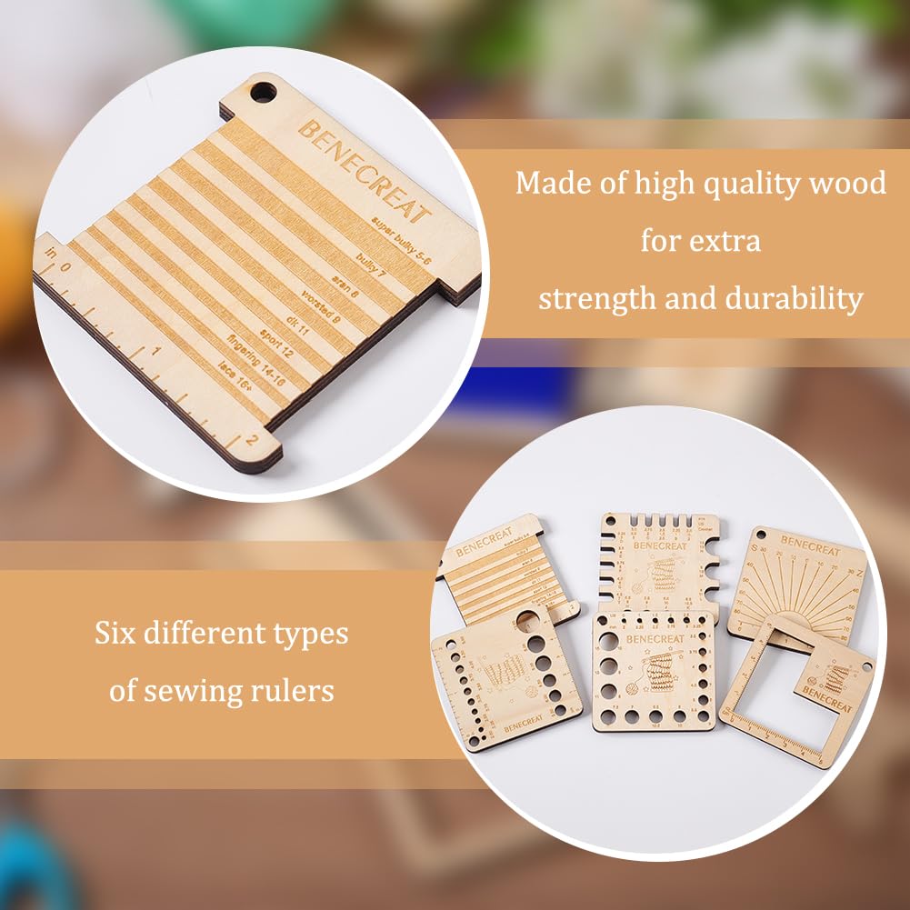 BENECREAT 6 Styles Wood Knitting Gauge Rulers, Square Crochet Hook and Yarn Wrap Guide Board Knitting Tool for Knitting Needle Spinners Yarn Measuring Crochet BENECREAT
