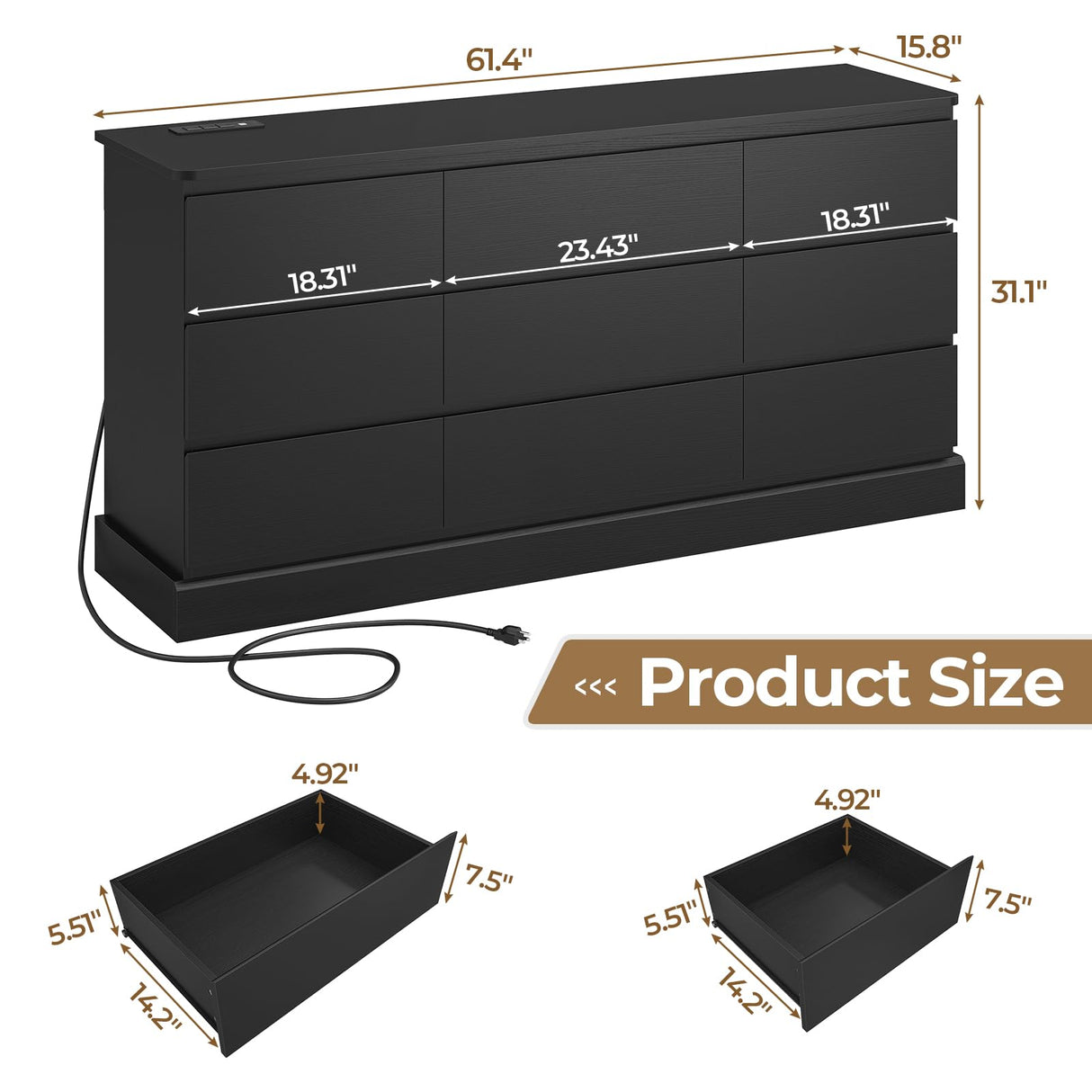 Hasuit Modern Black Dresser for Bedroom with 9 Drawers, 61.4"Wide Dressers Chest of Drawer with Large Capacity Storage, Long Dresser TV Stand with Power Outlets, Sturdy Storage Cabinet for Living Room Hasuit