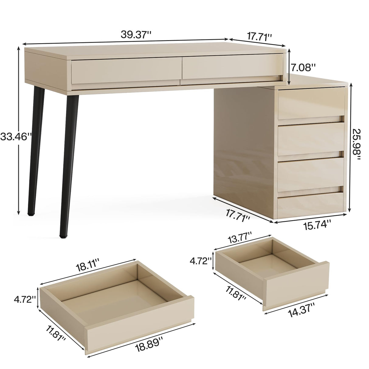 Tribesigns Vanity Desk with 5 Drawers, Makeup Table with Reversible Drawer Cabinet Printer Stand, Modern Computer Desk Dressing Table for Bedroom Office, Gloss Beige (No Mirrors) Tribesigns