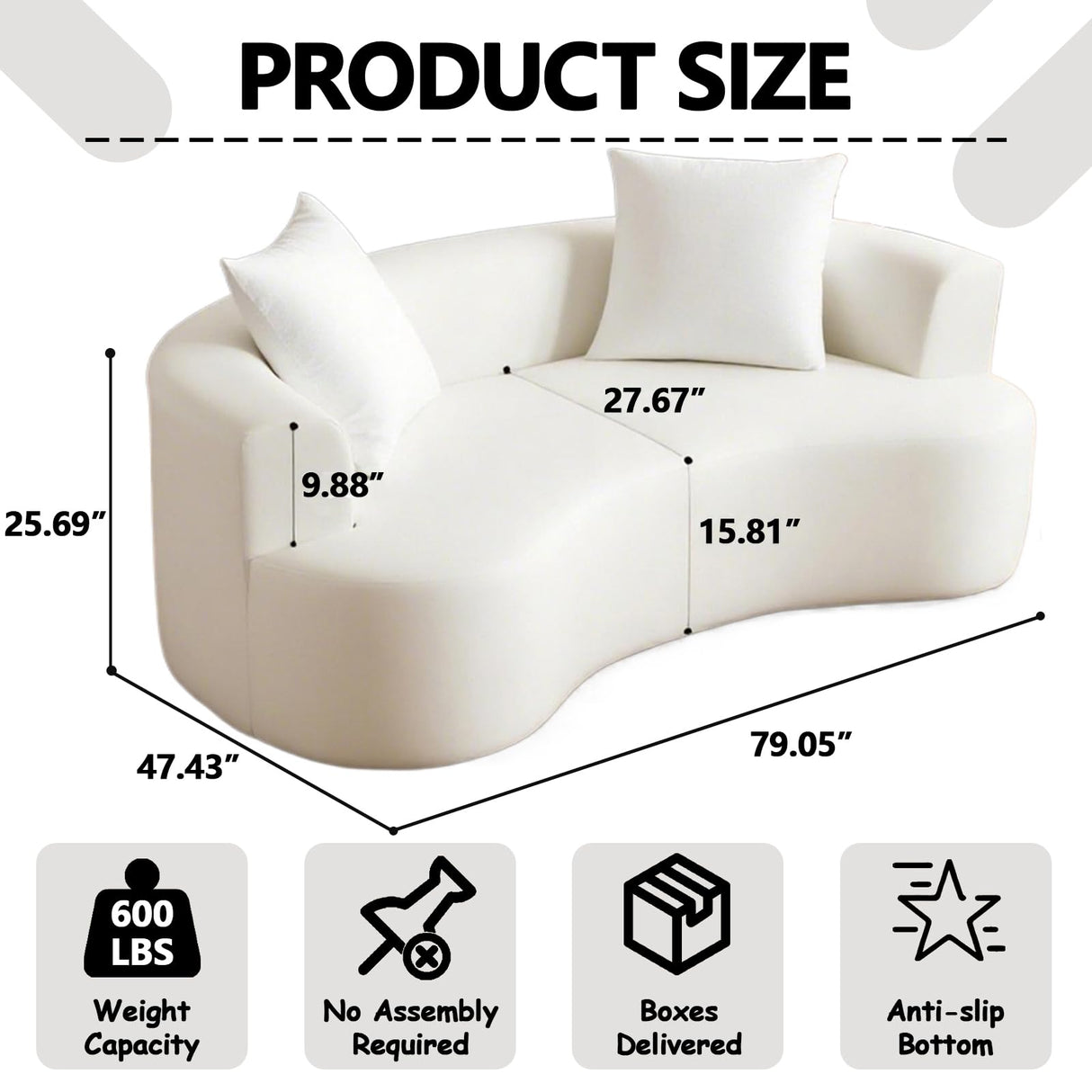 HRVEOCEI Luxury 80” Beige Curved Loveseat Sofa, Chenille Curved Couch with 2 Big Pillows & Extra Wide Armrests, Comfy Upholstered Oversized Loveseat Couch & Sofa for Living Room (Beige, 80 Inches) HRVEOCEI