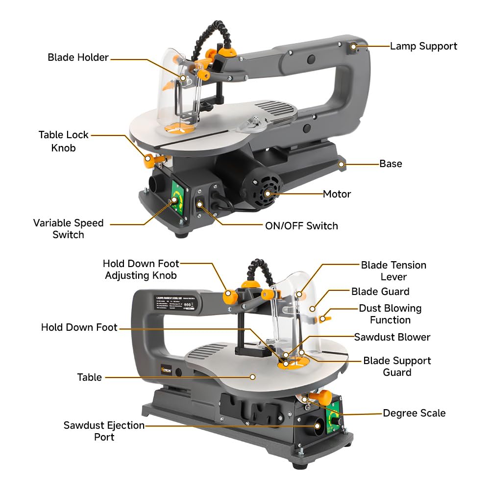 Hoteche 16-inch Power Scroll Saws for Woodworking, 1.2-Amp, Variable Speed, with Large Tilting Working Table and Integrated Dust Port Hoteche
