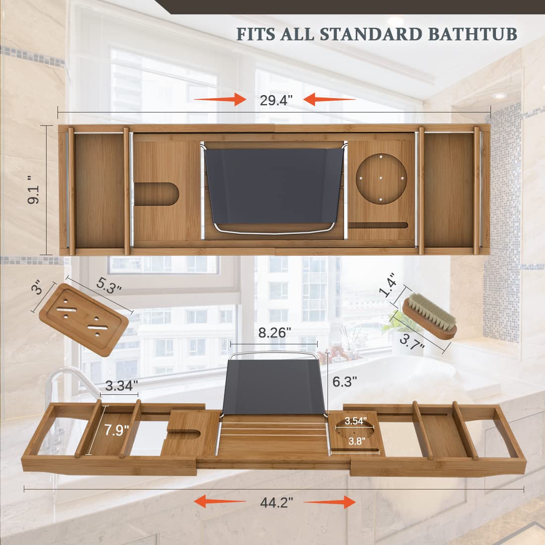 Bath Caddy Tray for Bathtub - Bamboo Adjustable Organizer Tray for Bathroom with Free Soap Dish Suitable for Luxury Spa or Reading(Walnut) Bamfan