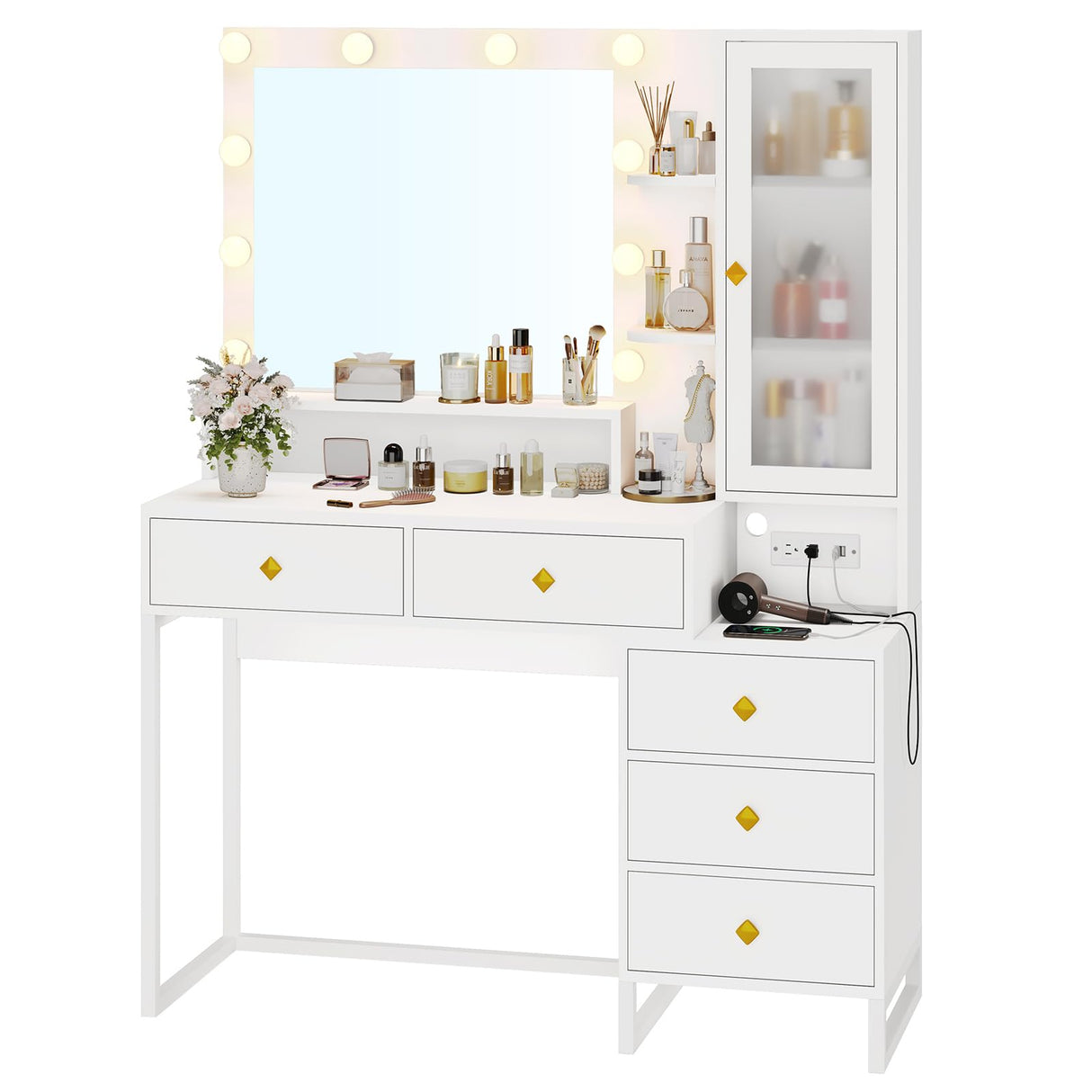 Tiptiper Vanity Desk with Mirror and Lights, Makeup Vanity with Lights & Charging Station, Makeup Desk with 5 Drawers & Storage Shelves, White Tiptiper