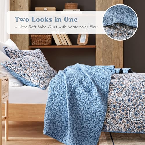 Comfort Spaces Valerie Boho Quilt Set Twin/Twin XL Blue - Soft Reversible Watercolor Medallion Bedding, Lightweight All Season Bedspread for Kids Teens Dorm Guest Room Comfort Spaces