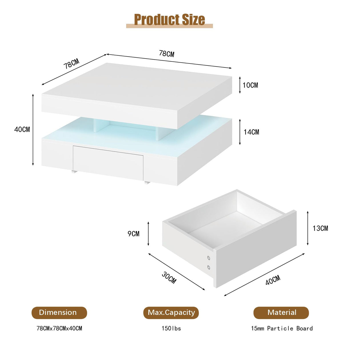 White LED Coffee Table with 2 Storage Drawers for Living Room Square Center Middle Table Modern Cocktail Table with Light 2-Tier Tea Tables Contemporary Mid Century Wood Home Office Waiting Room HedoAjim