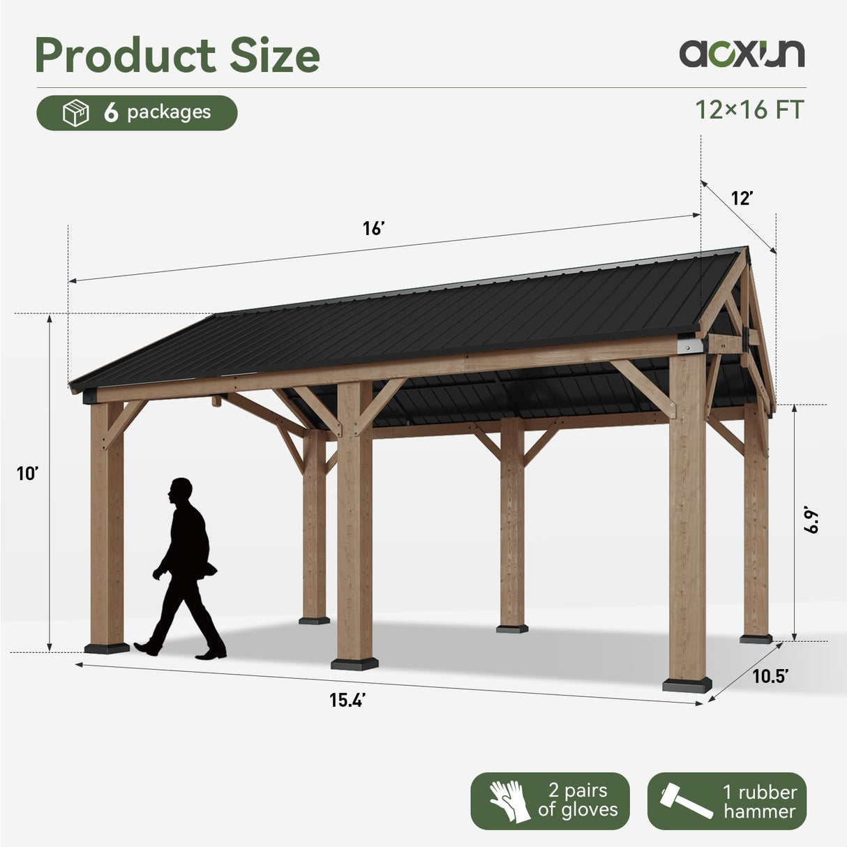 Aoxun 12' x 16' Outdoor Wood Gazebo, Hardtop Gazebo Permanent Wooden Pavilion with Galvanized Steel Gable Roof, for Patio, Garden, Deck, Cedar Wood Aoxun