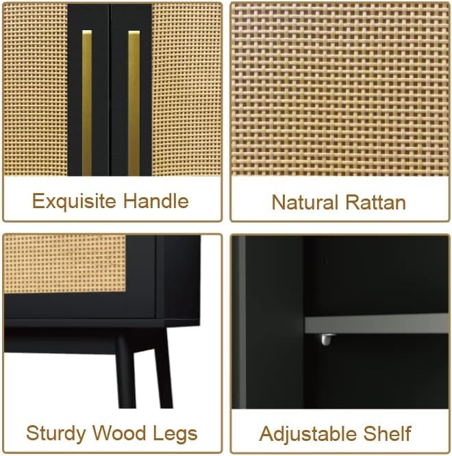 LYNSOM Buffet Cabinet with Storage, Sideboard Buffet Storage Cabinet with Rattan Decorated Doors, Set of 2 Accent Cabinet with Solid Wood Feet for Living Room, Entry, Hallway, Black LYNSOM