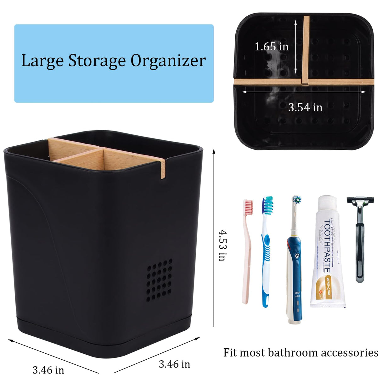 Electric Toothbrush Holder 3 Slots Tooth Brushing Holder with Bamboo Dividers for Bathrooms, Plastic Toothbrush and Toothpaste Organizer for Shower, Countertop, Vanity, Black Heagoale
