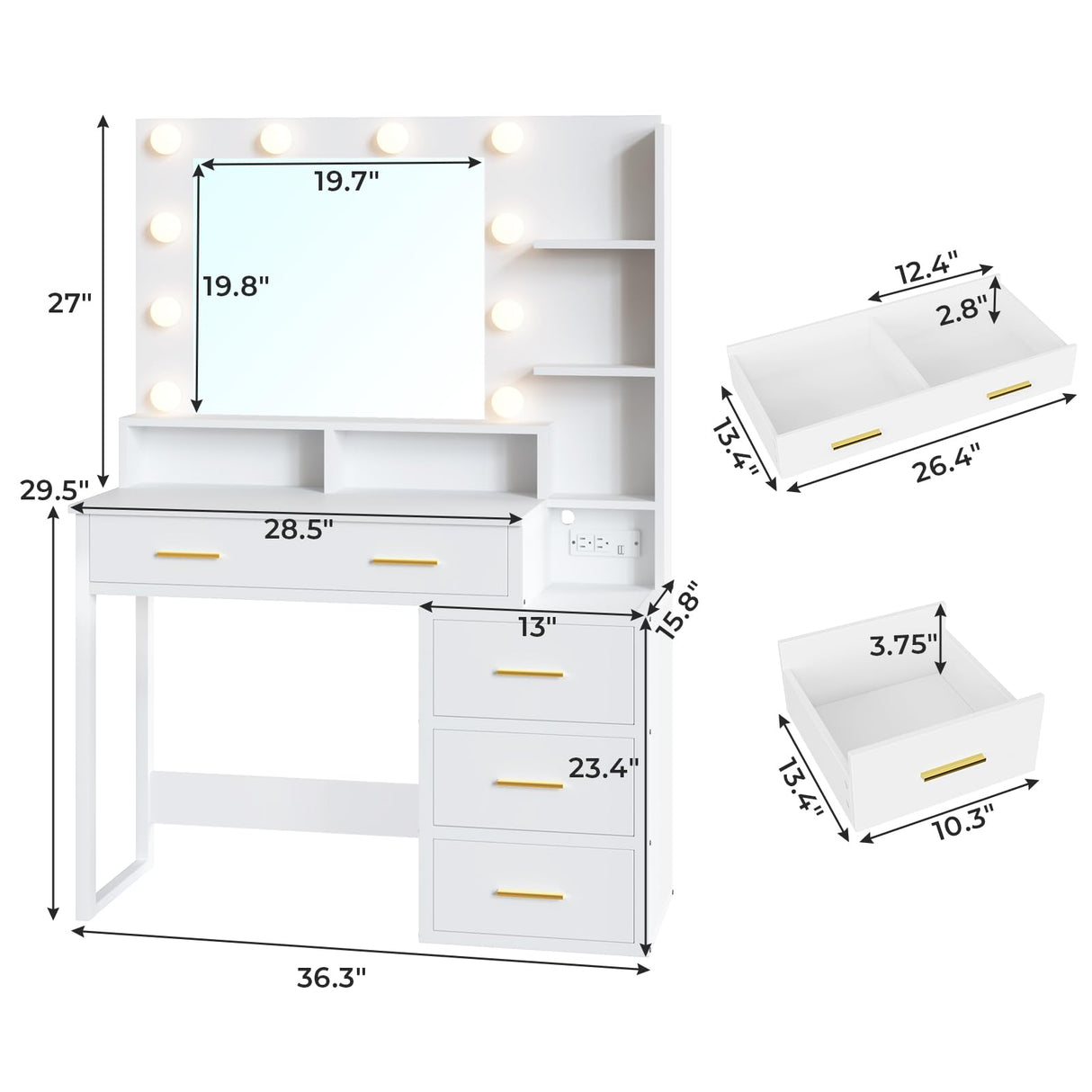 Tiptiper White Makeup Vanity with 10 Light Bulbs, Modern Vanity Desk with Mirror & 3 Lighting Modes, Vanity Table with 2 USB Ports and Outlets, Makeup Desk with Nightstand, Storage Shelves and Drawers Tiptiper