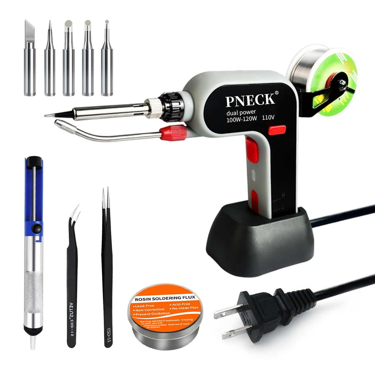 PNECK Automatic Soldering Gun Kit, 100W/120W Dual Power Soldering Iron Kit with Ceramic Heater, 5 Tips, Pump, flux, Tweezers for Electronics Welding Repair DIY PNECK