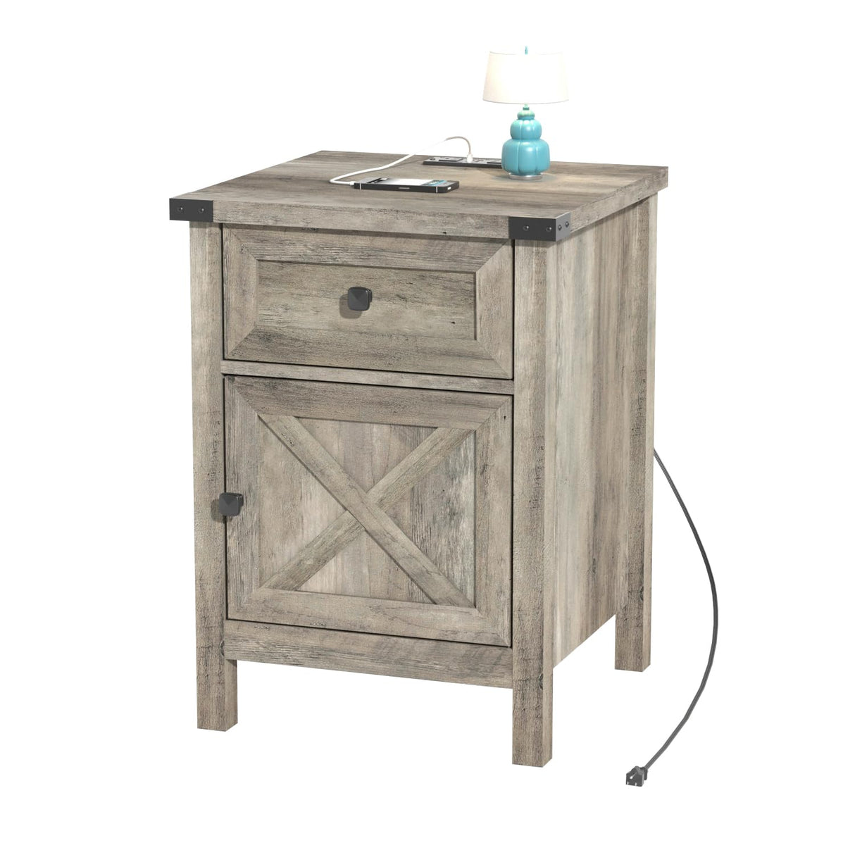 Rustic Nightstand with Charging Station, Night Stand with Barn Door and Drawer, Storage Bedroom Living Room Bedside Table Farmhouse End Table Industrial Bedside Table with USB Ports and Outlets,Grey HOSEOKA