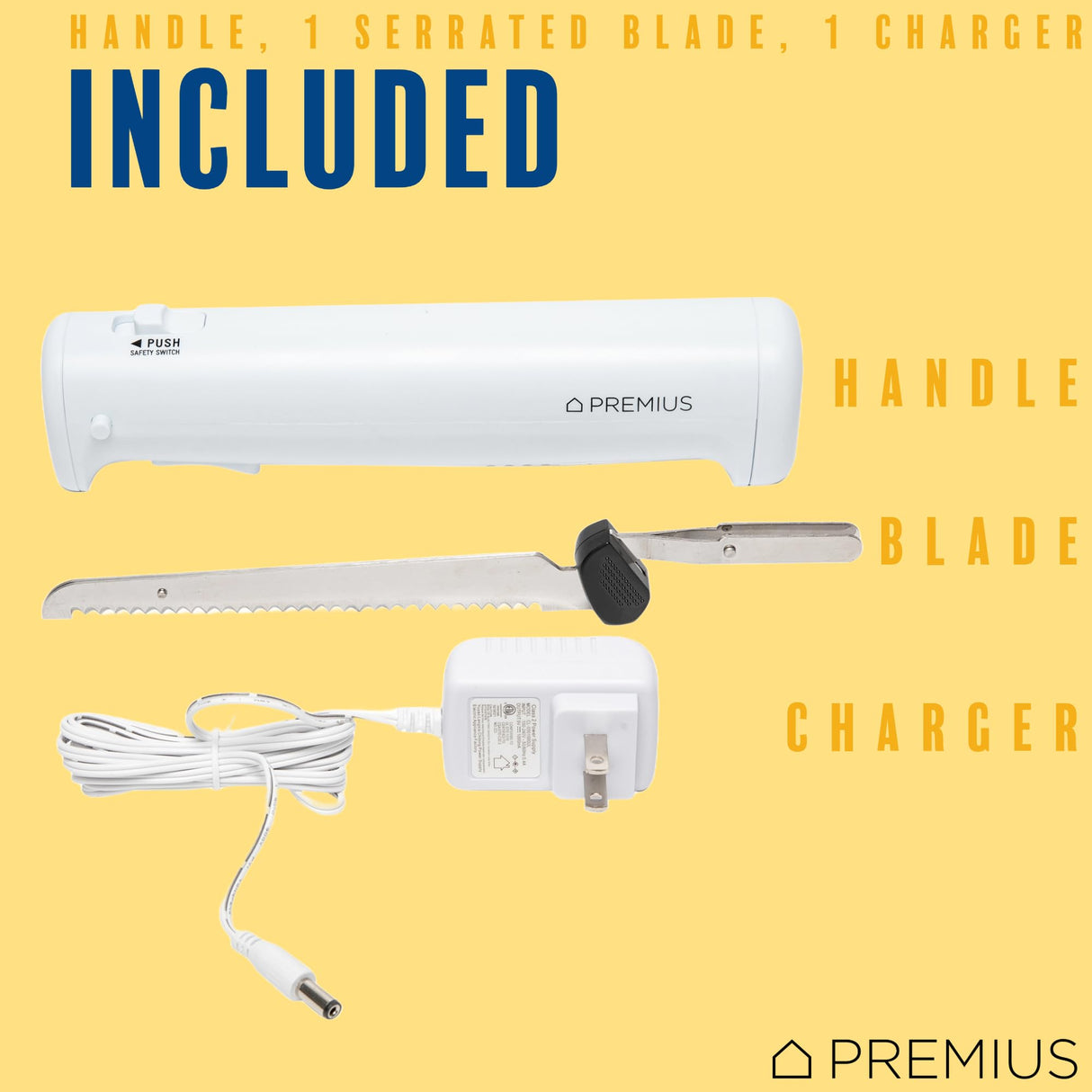 Professional Cordless Rechargeable Easy-Slice Electric Knife, Reciprocating Serrated Stainless-Steel Blades, Safety-Lock Trigger Release, Carving Meats, Turkey, Breads, Fruit, Crafting Foam, White PREMIUS