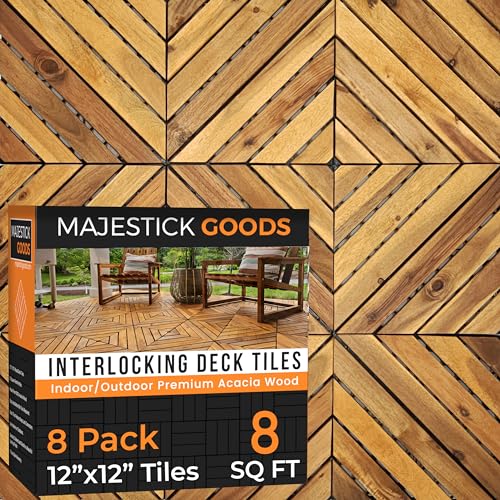 Interlocking Deck Tiles 8 Pack Diagonal - Snap Together Wood Flooring | 12 x 12 Acacia Hardwood Outdoor Flooring for Patio | Floor Decking Tile - Balcony Backyard Decor, Outside Wooden Patio Pavers Majestick Goods