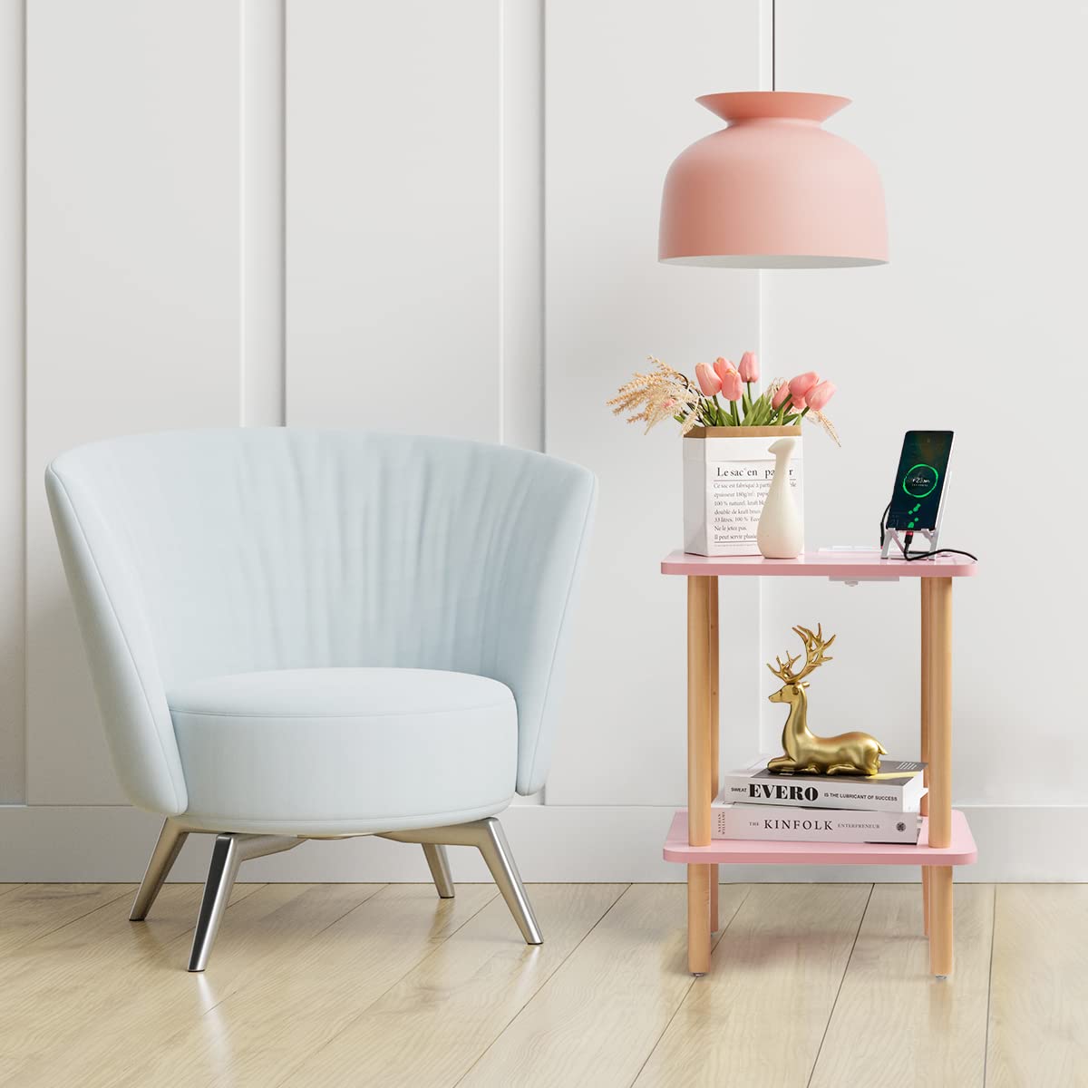 FORAOFUR Side Table with Charging Station, Small Side Table with 2 USB Ports and Outlets, Small End Tables for Small Spaces in Living Room, Bedroom & Nursery, 2 Tier Small Nightstand FORAOFUR