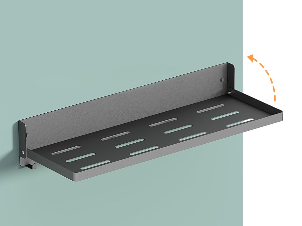 SKIKEN Folding Metal Shelf with Hooks, Wall Mounted Laundry Room Shelf, 8 Hooks & 90° Fold Up, Fold-Down for Rv, Bathroom, Kitchen, Garage, Space Saving, Small Space, Black(17.0", 1 Pack) SKIKEN