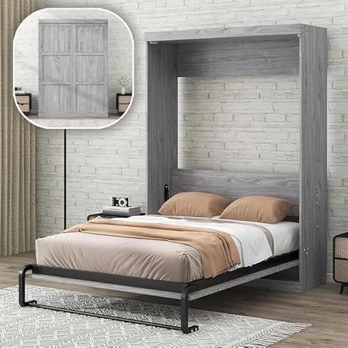 LUMISOL Full Size Murphy Bed Frame, Solid Wood Foldable Wall Bed Full Farmhouse Murphy Bed with Metal Frame, can be Folded into a Cabinet, Gray