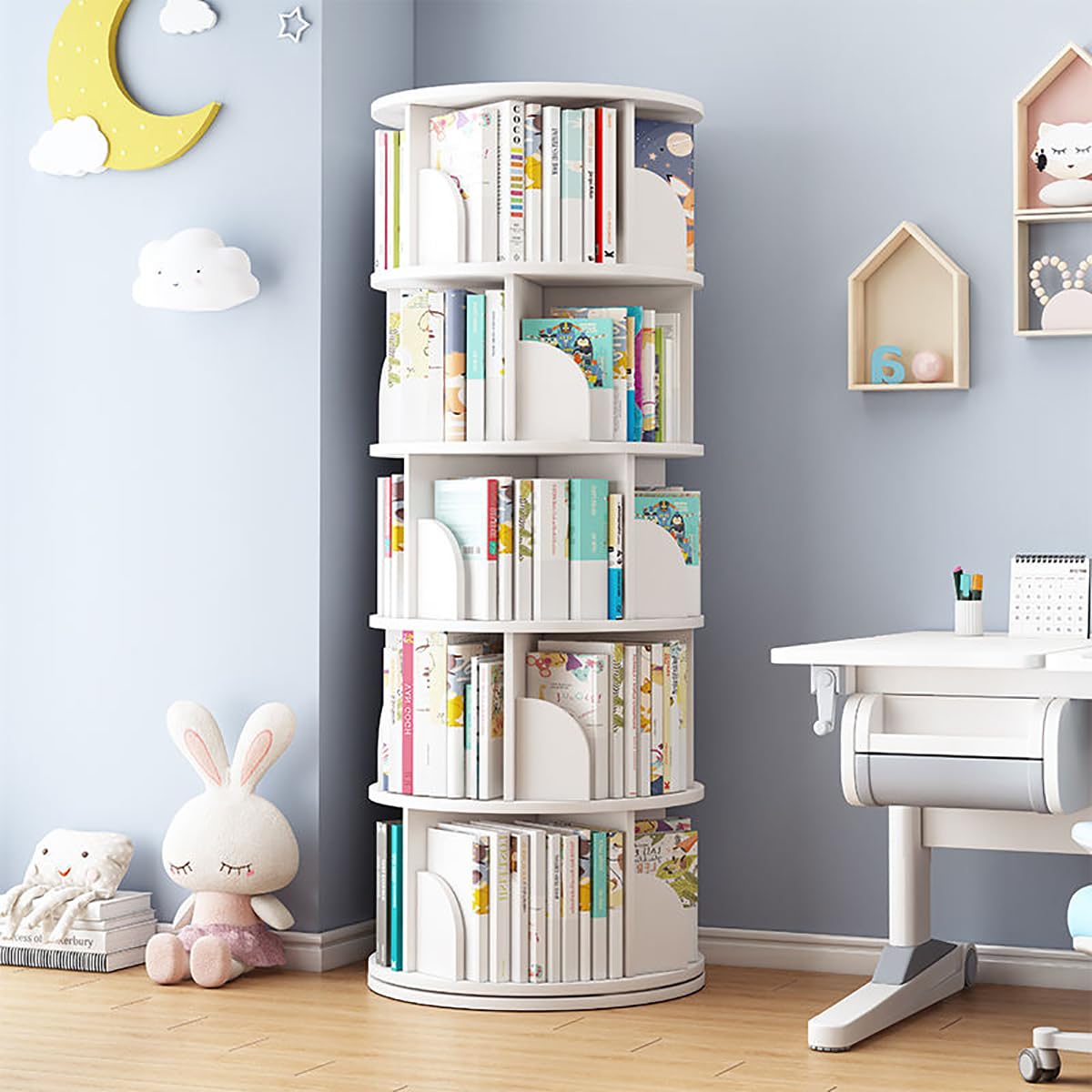 360° Rotating Bookshelf Tower – 4/5 Tier White Floor Standing Book Storage Rack for Kids and Adults LSZMXI